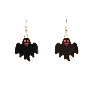 Halloween black ghost earrings with red eyes and gold hooks on a white background
