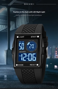 Macro view of square digital sports watch with LED backlight and durable black strap