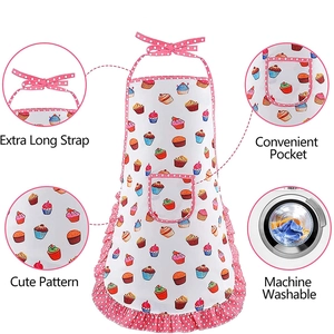Kids cupcake apron with extra long strap, convenient pocket and pink polka dot trim