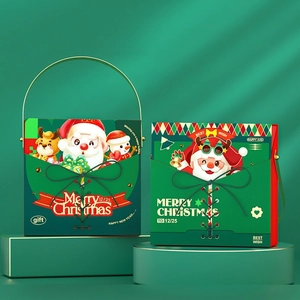 Christmas Gift Box Cardboard Portable Handheld Packaging Case With Ribbon Bow For Candy Treats Santa Claus Design