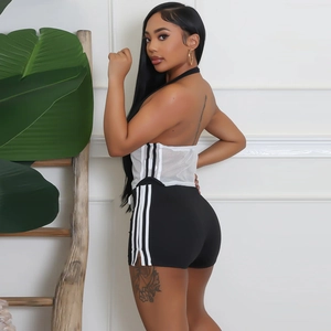 Mode Damen Halterneck Mesh Oberteil und gestreifte Shorts Zweiteiler Set in Weiß und Schwarz