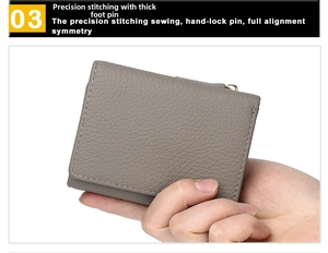 Detailed macro view of gray pebbled leather wallet with precision stitching and grain texture