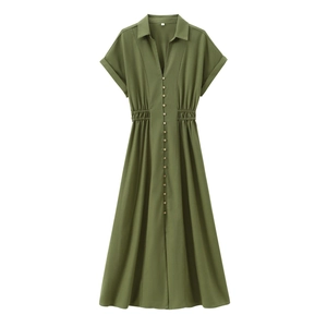 Abito midi verde militare a maniche corte con scollo a V e dettaglio vita a pieghe