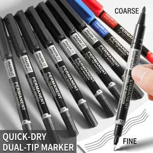 Deli 6823 dual-tip permanent markers with fine and broad points in black, blue and red