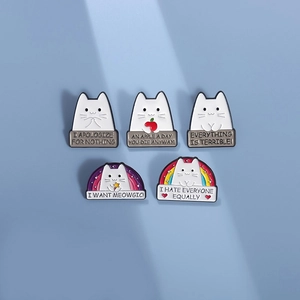 Set of 5 cute cat enamel pins with humorous quotes and rainbow designs for accessories