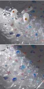 Détails de stickers holographiques océaniques avec étoiles de mer et coquillages sur ongles