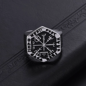 Nordic Viking Vegvisir compass ring in retro steel with runic carvings on black leather