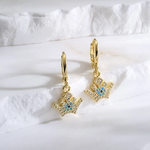 18K gold plated crown hoop earrings with blue evil eye and sparkling cubic zirconia