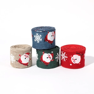 Rubans de Noël en toile de jute rouge, vert et bleu avec motifs de Père Noël et flocons