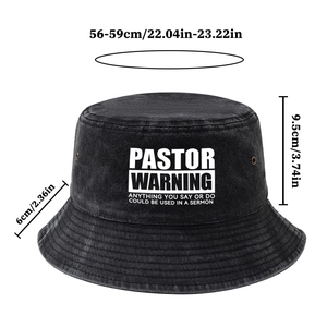 Detail of black washed denim bucket hat with PASTOR WARNING print and size dimensions