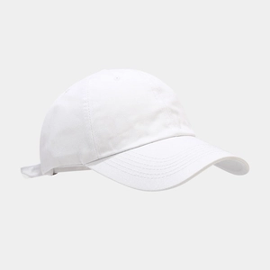 Detail view of white cotton baseball cap showing reinforced curved brim and stitching