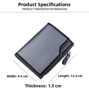 Detailed size chart showing dimensions 12.2cm x 9.5cm for the men's black leather wallet