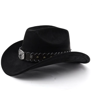 Detail of black suede cowboy hat with vintage bull head buckle and star rivets decoration