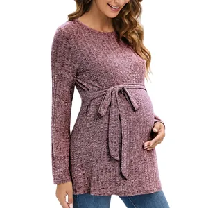 Maternity Knit Top Ribbed Long Sleeve Round Neck Tie Waist Belted Slimming Casual Sweater For Pregnant Women