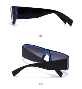 Side and back view of rectangular sunglasses with blue and black dual-tone frames