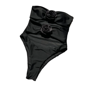 Sexy black strapless one-piece swimsuit with 3D rose flowers and ruched fabric texture