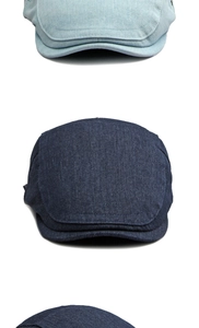 Detailansicht der gewaschenen Denim-Schiebermützen mit Stoffstruktur und Nahtdetails