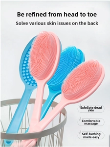 Detail of dual-sided silicone bath brush with soft bristles and massaging nodes