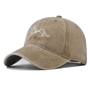 Detail of embroidered dachshund dog and I love text on washed cotton baseball cap