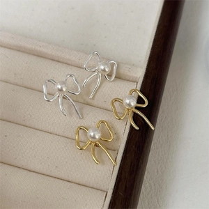 Artificial Pearl Stud Earrings With 925 Sterling Silver Earring Post Minimalist Bowknot Design Elegant Versatile Jewelry