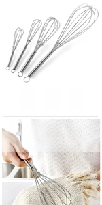 Set of four stainless steel whisks in different sizes with hanging loop for storage