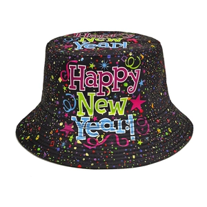 Bob Imprimé Happy New Year En Polyester Réversible Protection Solaire Fête Vacances Voyage Chapeau Pêcheur Homme Femme