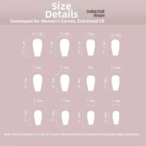 Guide des tailles des faux ongles ballerine avec 12 largeurs allant de 6,6 mm à 14,1 mm