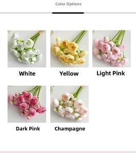 Detailed grid showing artificial ranunculus flowers in white, yellow, pink, and champagne