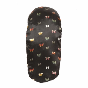 Detail of long satin bonnet featuring colorful butterfly prints on black fabric