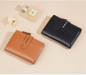 Short PU leather wallets in brown and black with smooth finish and zipper coin pocket