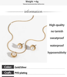 Detail of PVD gold plated necklace and earrings with pearl and diamond texture