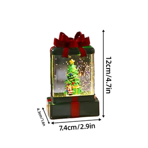 Green gift box water globe with Santa and Christmas tree LED light, 12cm height