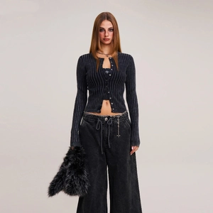 Vintage dark grey ribbed knit cardigan and tube top set with wide leg washed denim jeans