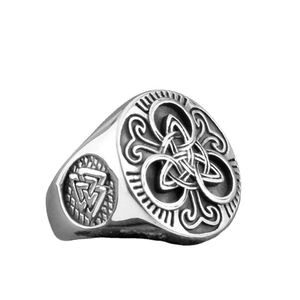 Viking Odin Valknut stainless steel ring with Triquetra symbol in vintage silver finish