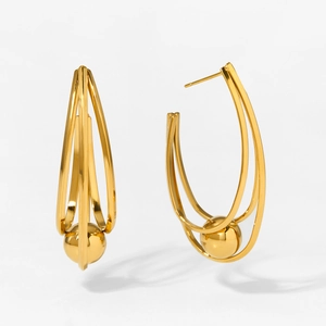Modern 316 stainless steel U-shaped layered hoop earrings with a gold hollow ball design