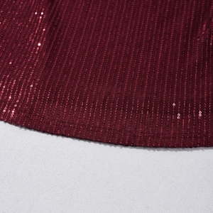 Nahaufnahme von roten Paillettenstreifen und Netzgewebe an einem Bodycon-Kleid