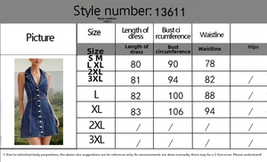 Detailed size chart for vintage sleeveless V-neck denim dress with length and chest specs