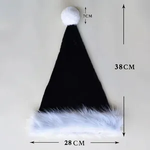 Detail of plush black and white Christmas hat with dimensions and fluffy white trim