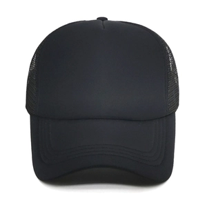 Detail of black breathable mesh panel and adjustable snapback on trucker baseball cap