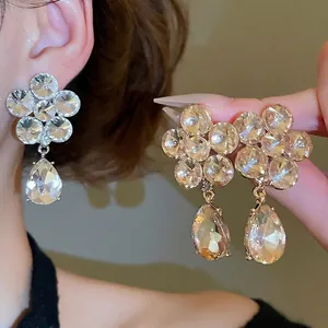 Flower Teardrop Dangle Earrings Alloy Rhinestone With 925 Sterling Silver Earring Post Elegant Palace Style Women