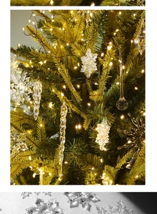 Macro shot of sparkling crystal snowflake and icicle ornaments for Christmas tree decor