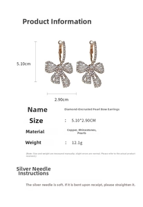 Detailed size chart for rhinestone pearl bow earrings in copper with dimensions
