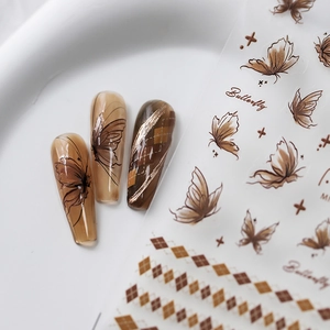 Elegant butterfly and brown argyle nail stickers set for professional manicure art