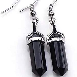 Natural black hexagonal stone dangle earrings with silver hooks for a minimalist look