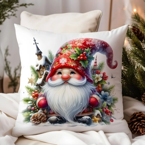 Christmas gnome cushion cover on a soft bed with festive pine cones and warm lights