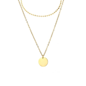 Close-up of double-layer gold necklace featuring a flat coin chain and round pendant