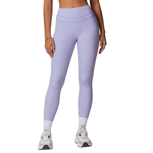 Light purple high waisted yoga leggings in seamless brushed fabric for fitness training