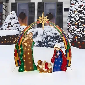 Christmas Nativity scene garden stake with LED holy family and star arch decoration