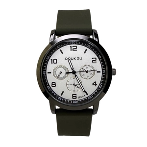 Olive green silicone strap quartz watch with silver dial and date display