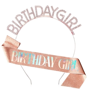 Detail of rose gold Birthday Girl rhinestone headband and matching glitter sash set